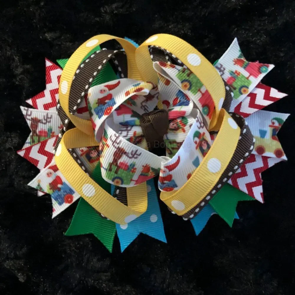 Brown & Yellow Holiday Train Boutique Deluxe Bow  5B2547  HANDCRAFTED  NWT